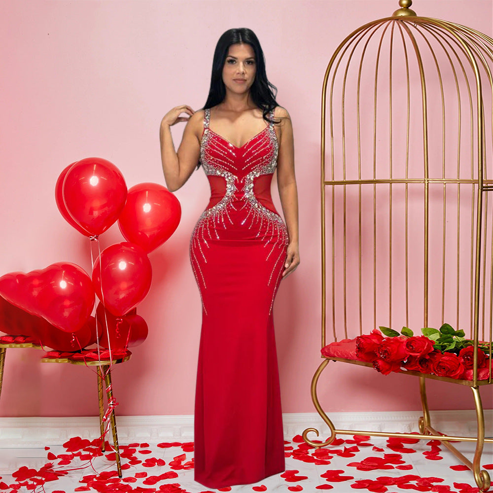 Sexy Brace Long Slim Fit Rhinestone Dress