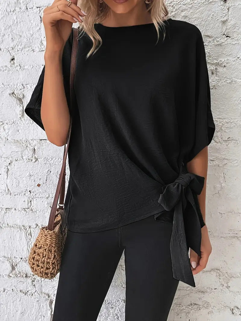 Women's Summer Solid Color Batwing Sleeve Knotted Women's T-shirt