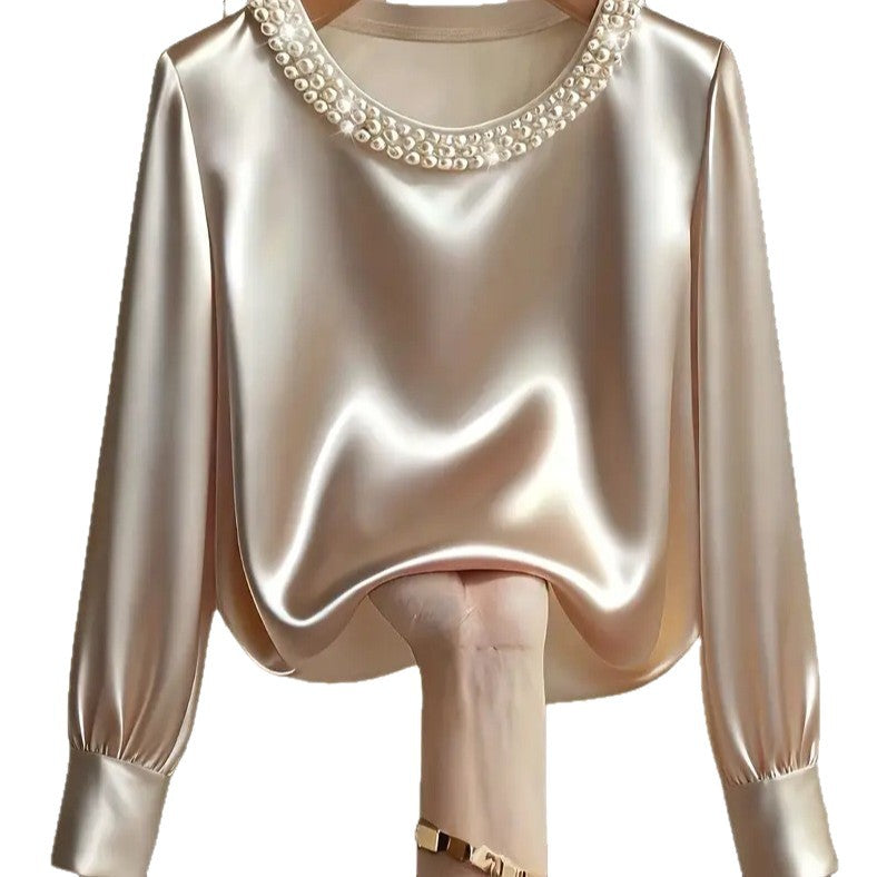 Women's Style High-grade Pearl Round Neck Satin Shirt Tops