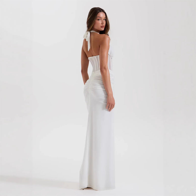 Women's Halter Banquet Sexy Backless Pleated Sheath Dress