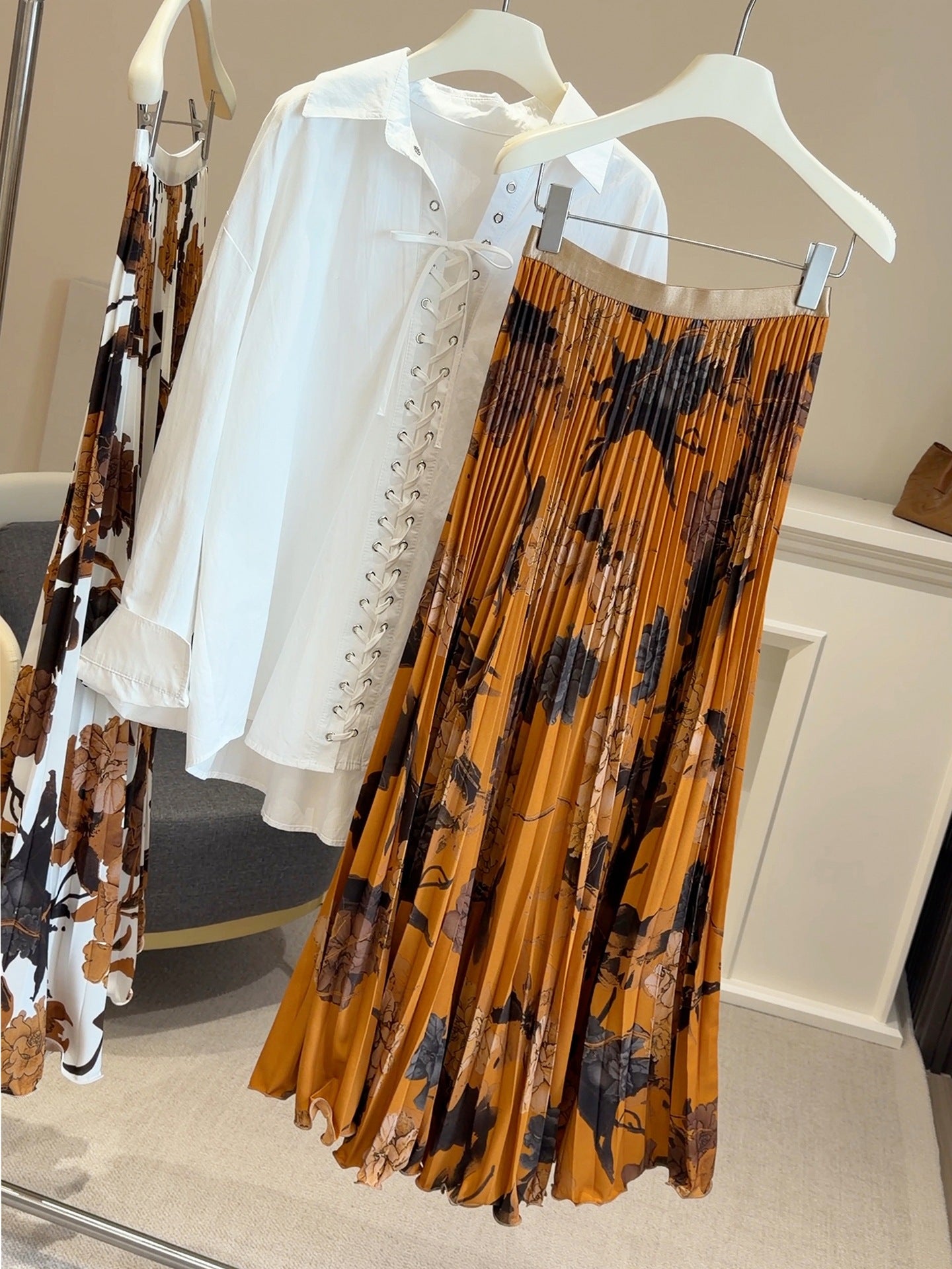Women's Vintage Printed Pleated Commute A- Line Large Hem Skirt