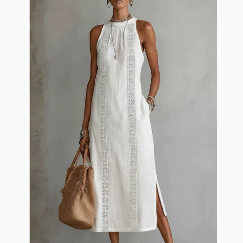 Women's Round Neck Sleeveless Lace Split Solid Color Cotton Dress