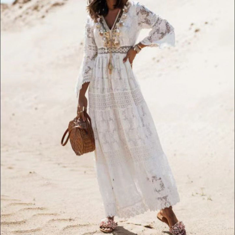 Women's Vintage Tassel Lace Stitching Casual Bohemian Style Vacation Dress