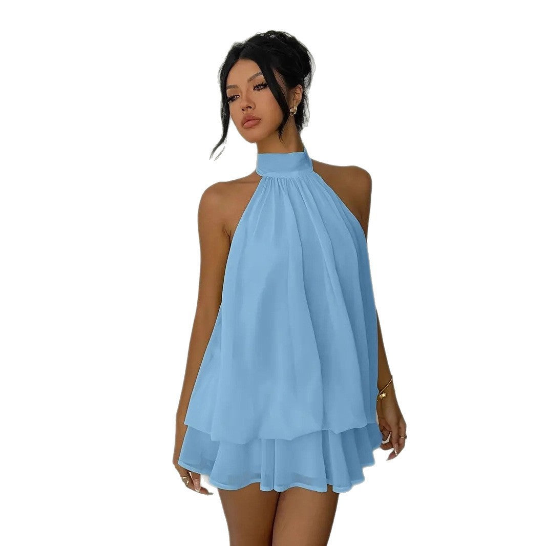 Autumn Chiffon Stitching Halter Sleeveless High Waist A- Dress