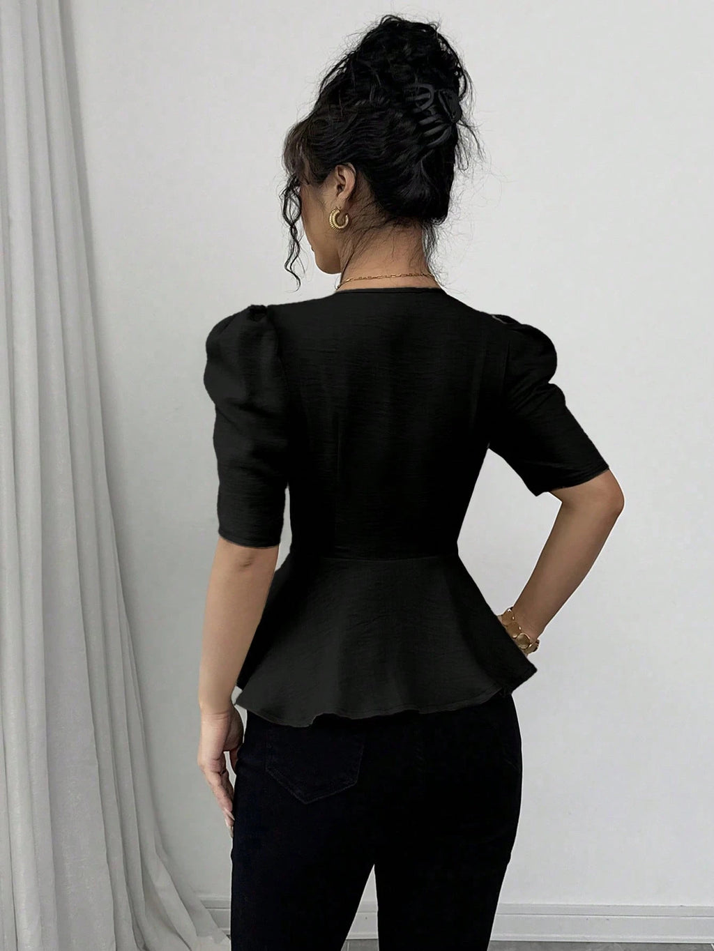 Summer Elegant Black Fashion Square Collar Sleeve Button Tops
