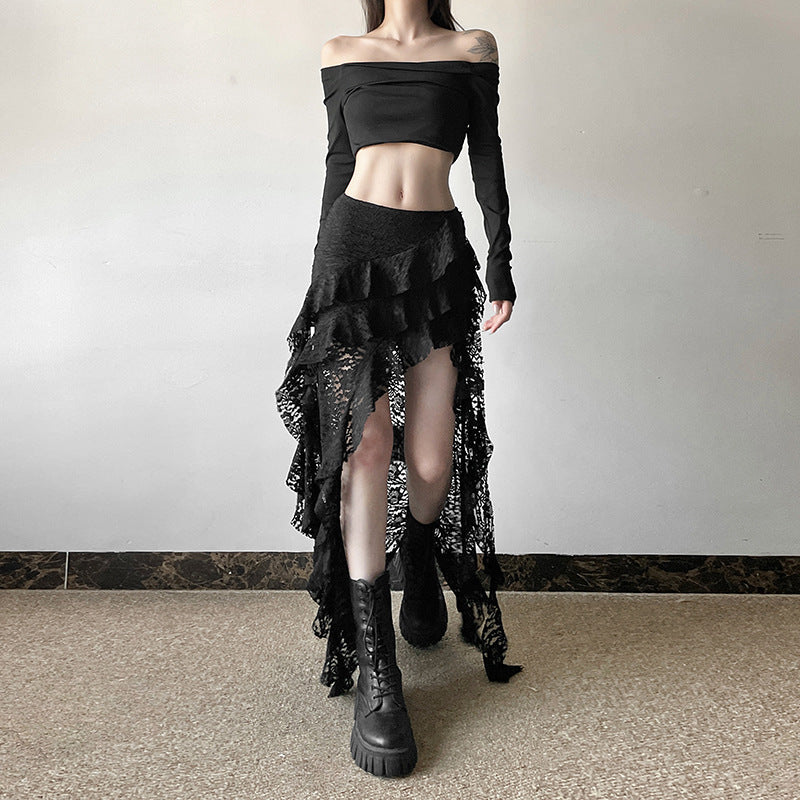 Women's Autumn Unique Design Black Lace Wavy Pleated Edge Skirt