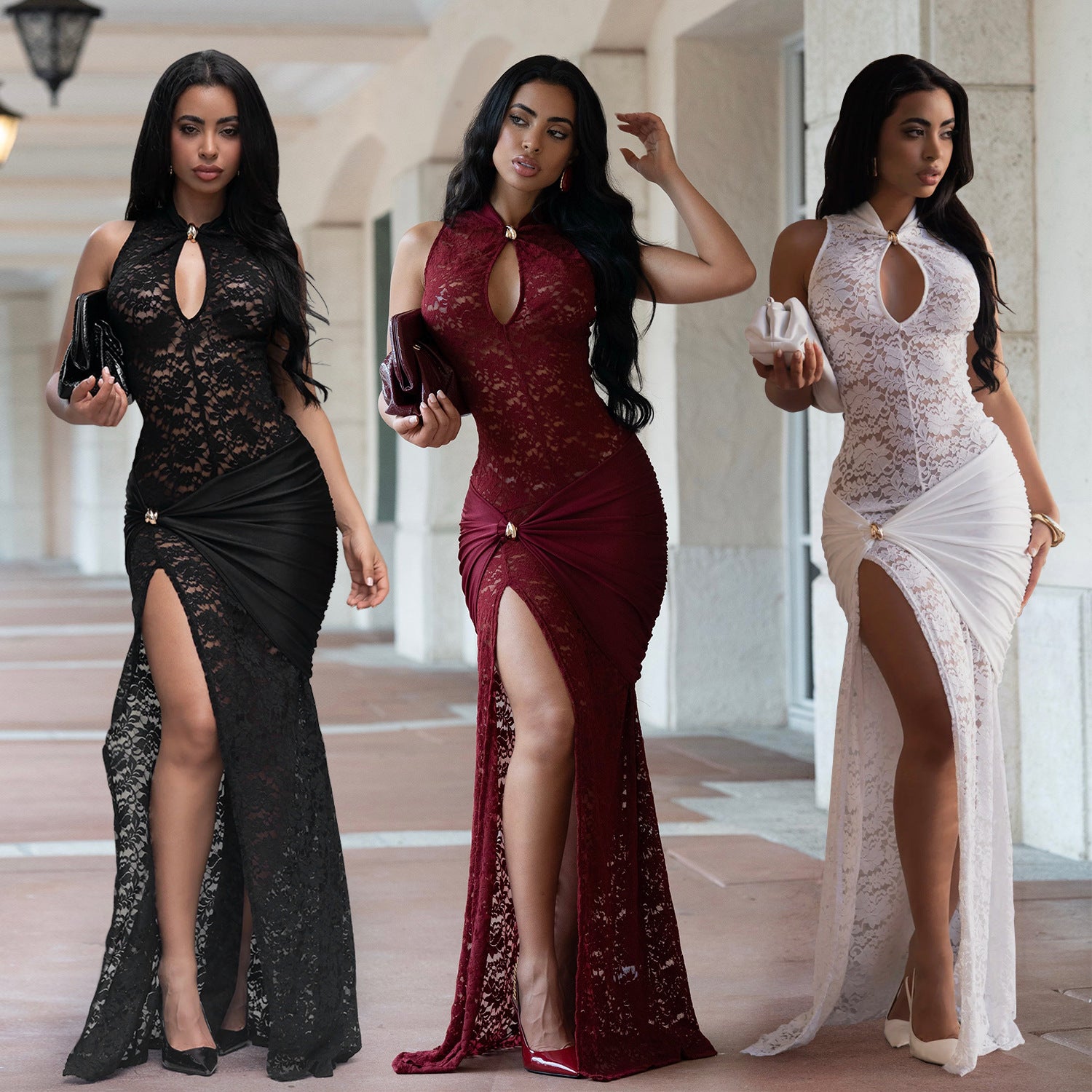 Women's Fashion Wear Sexy Lace Cutout Slit Dress