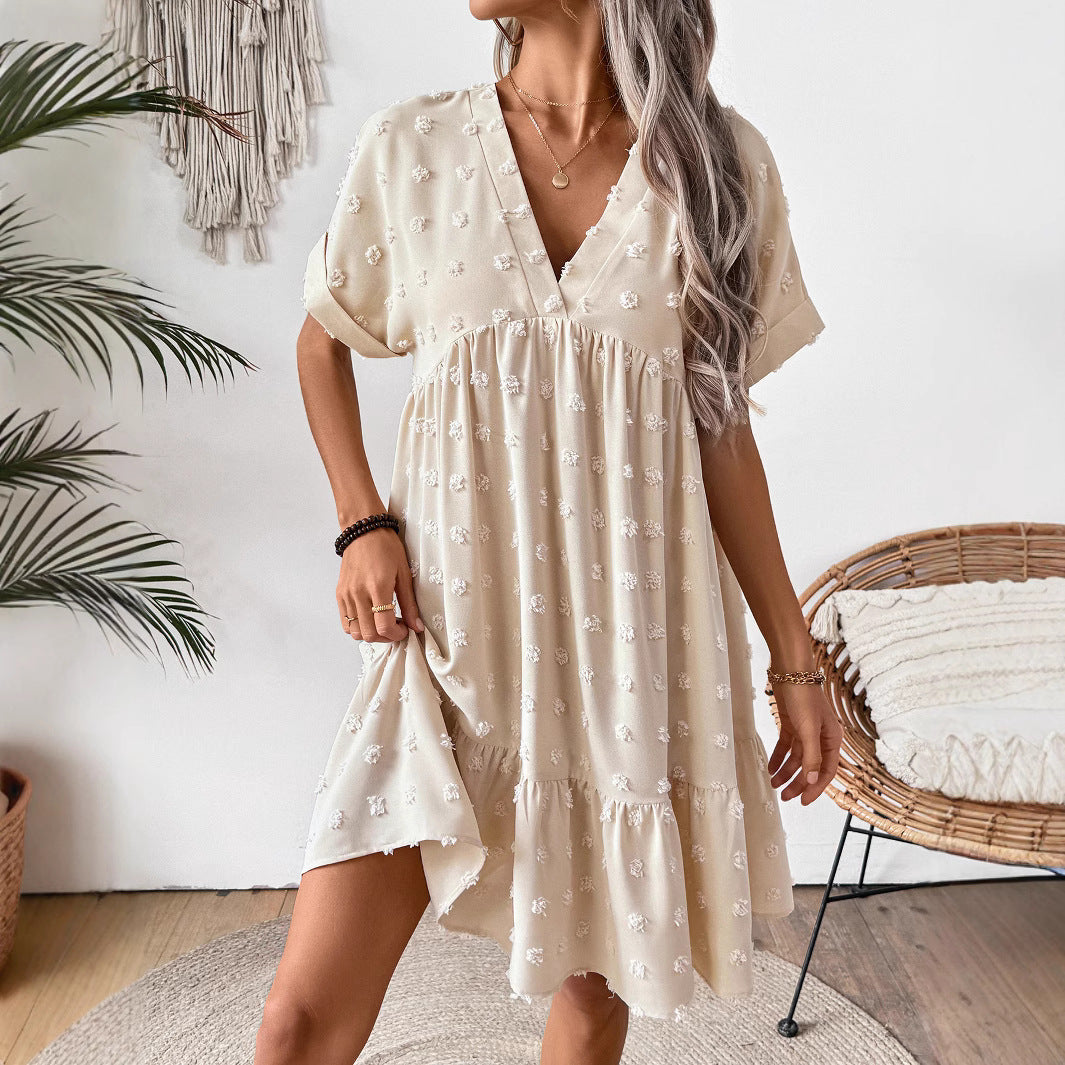 Women's Ladies Casual Sleeve Ruffled Hem Solid Dress