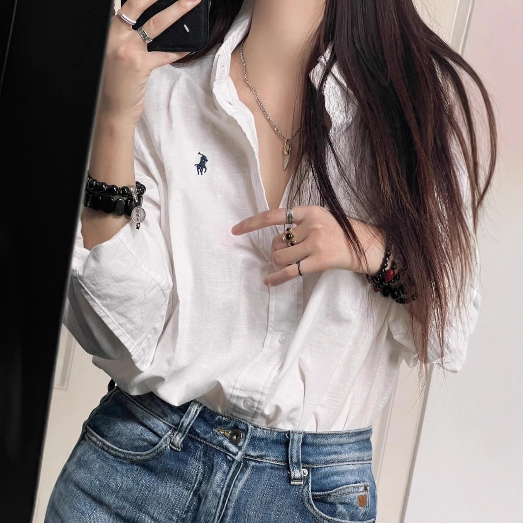 Women's & Men's Linen Shirt Horse Logo Embroidered Old Money Style Trendy Cotton Blouse