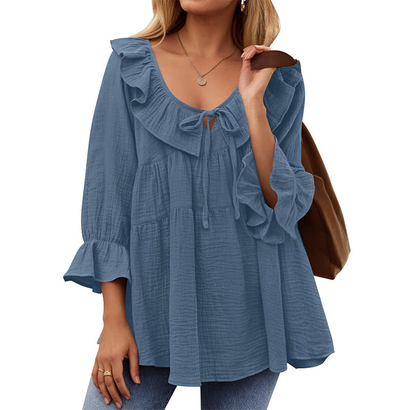 Women's Neck Tied Front Dart Loose Waist Women's T-shirt