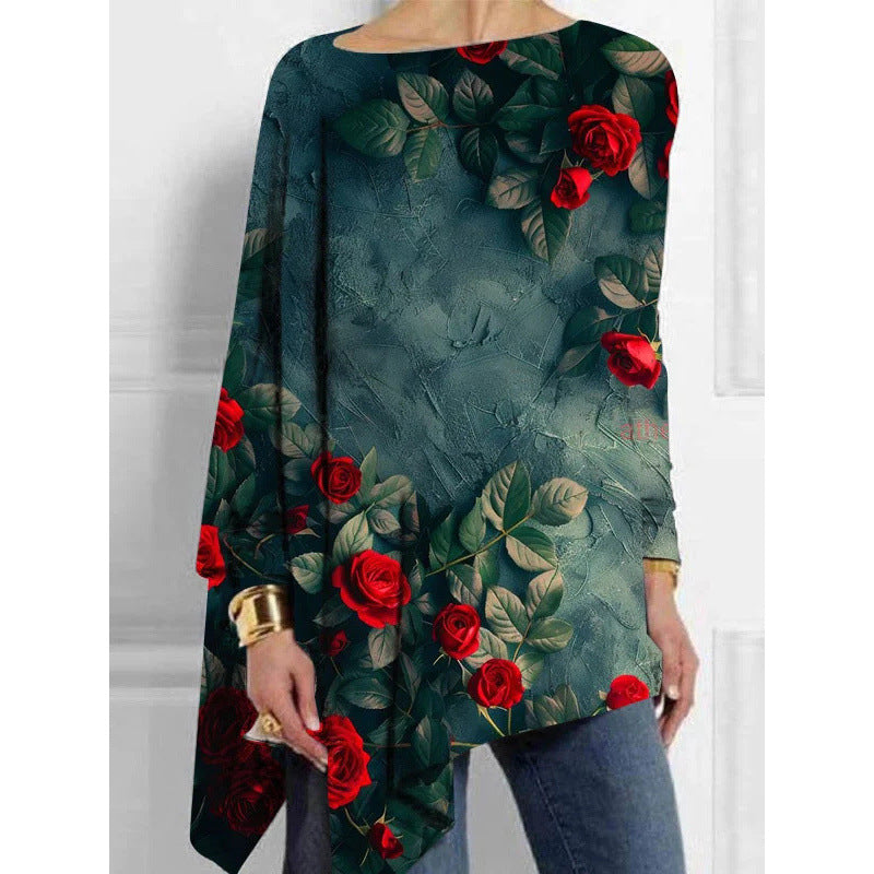 Autumn Irregular Hem Loose Casual Print Batwing Sleeve Bottoming Women's T-shirt