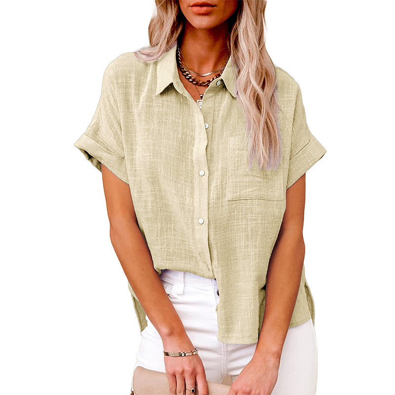 Women's Summer Solid Color Shirt Sleeve Cotton Casual Blouse