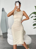 Popular Sleeveless Pleated Drawstring Sheath Summer Dress