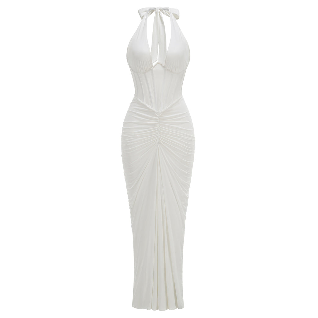 Women's Halter Banquet Sexy Backless Pleated Sheath Dress