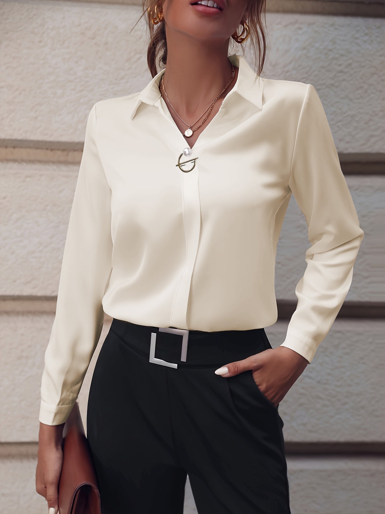Women's Shirt Versatile Simple Solid Color Long Sleeve Blouse