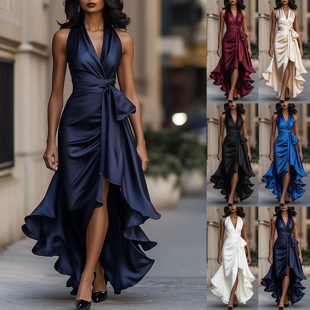 Women's Satin Sleeveless Waist Trimming Ruffles Elegant Dress