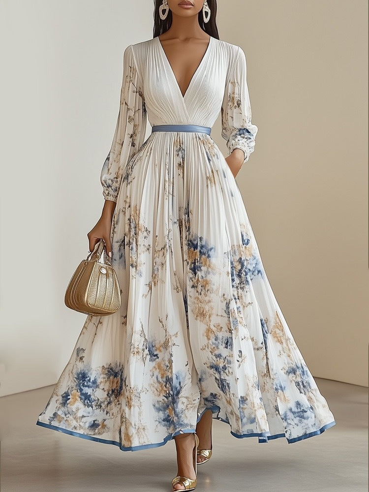 Women's Printed Long Sleeve Fashion Pleated Dress