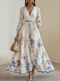 Women's Printed Long Sleeve Fashion Pleated Dress