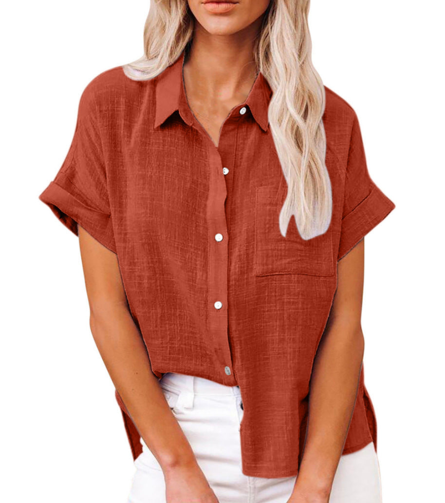 Women's Summer Solid Color Shirt Sleeve Cotton Casual Blouse