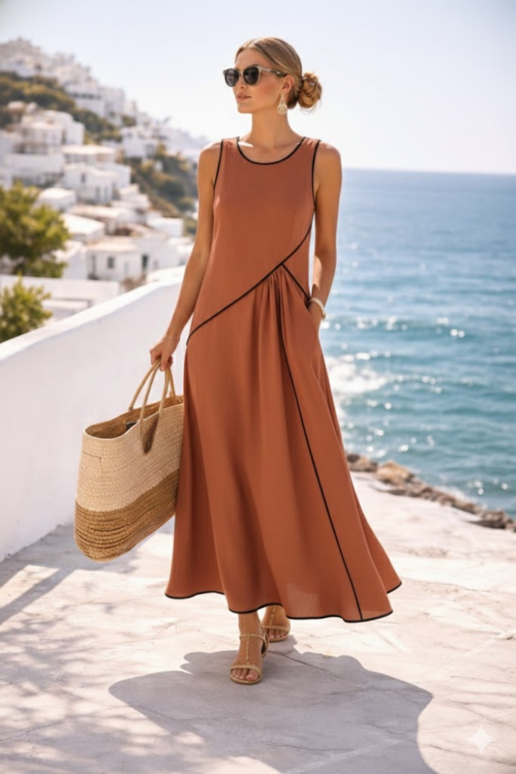 Women's Mediterranean Vacation Style Contrast Color Binding A- Dress