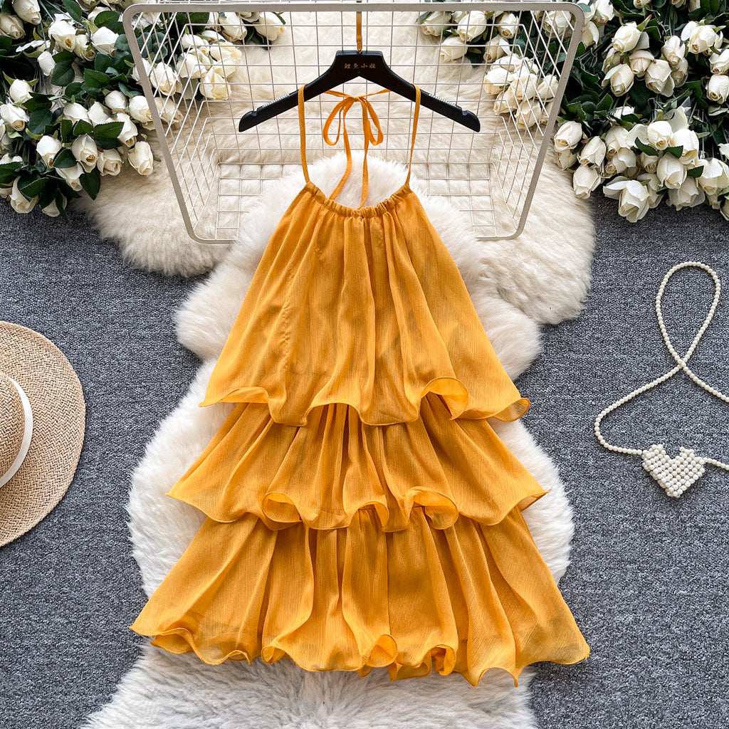Women's French Atmosphere Halter Spaghetti Straps Ruffled Stitching Cake Dress