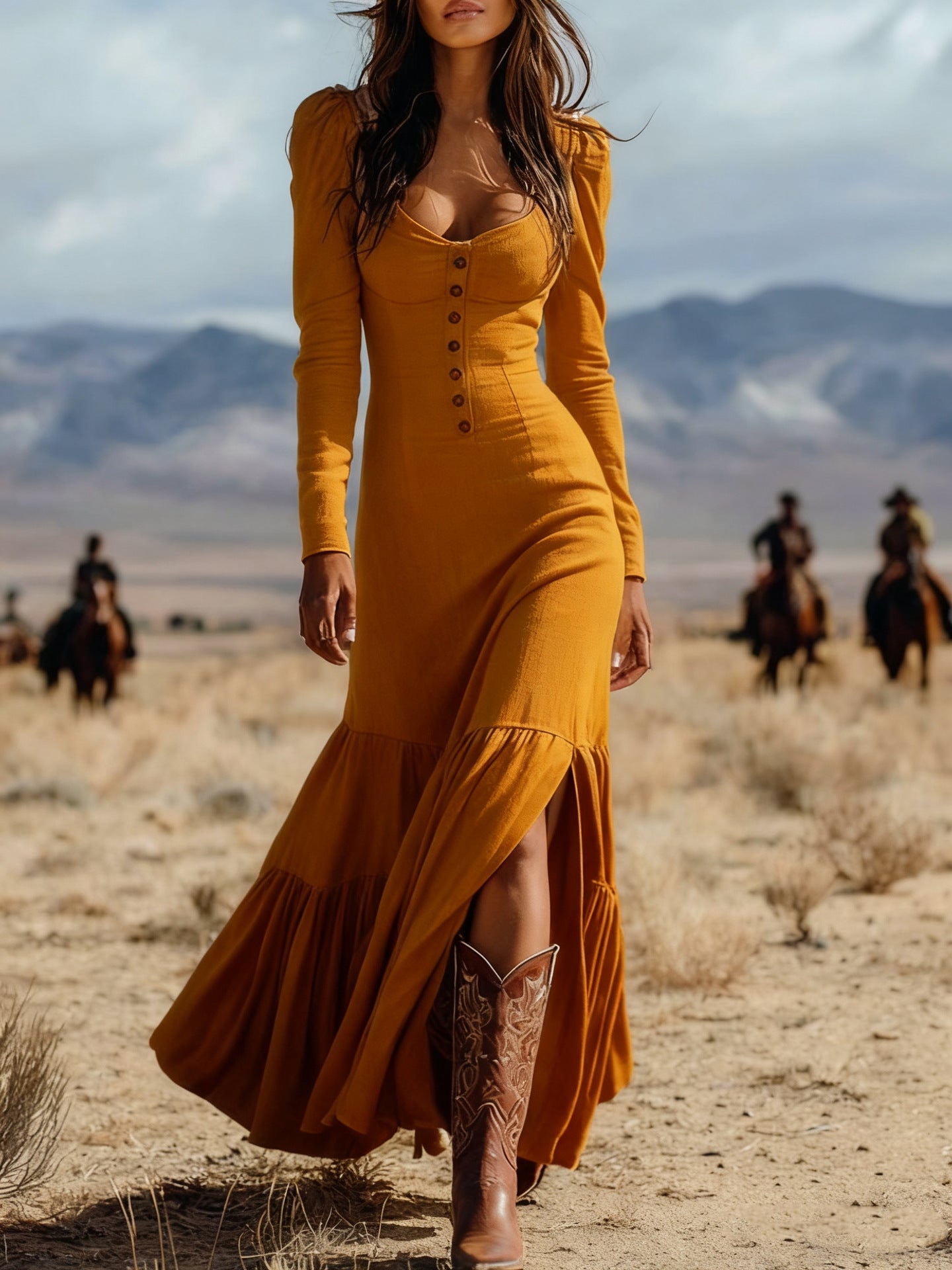 Vintage Western Style Button Pleated Long Dress