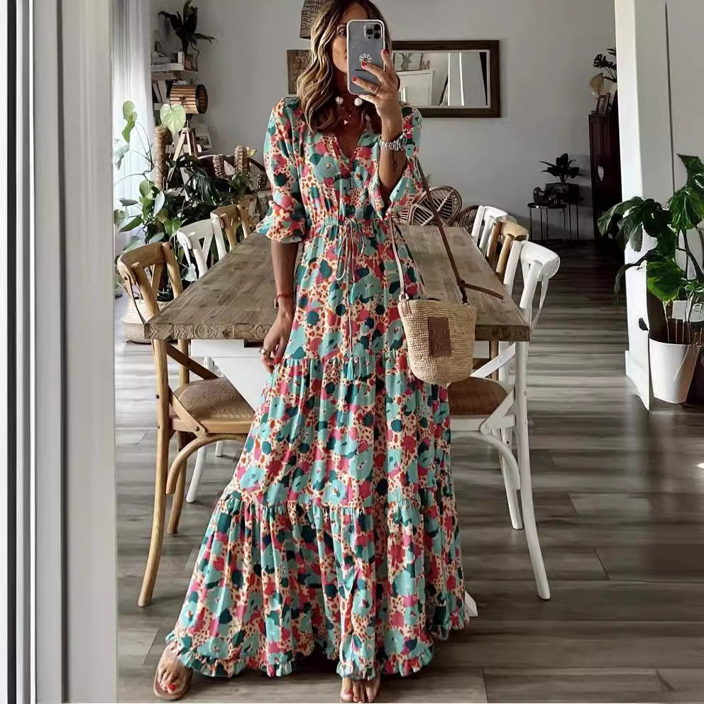 Women's Spring Elegant Bohemian Printed Large Swing Dress