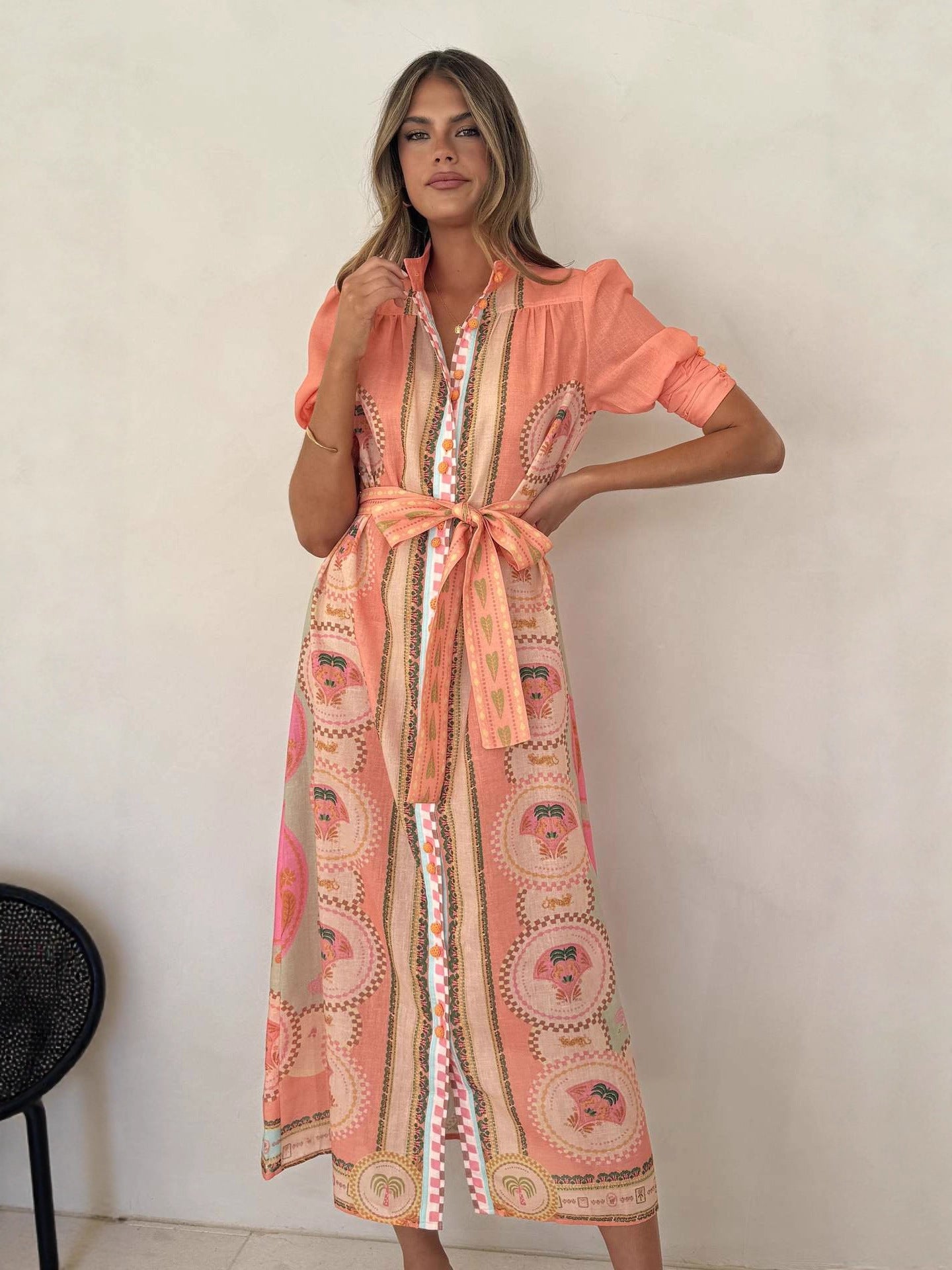 Graceful Fashionable Linen Stand-up Collar Cinched Dress