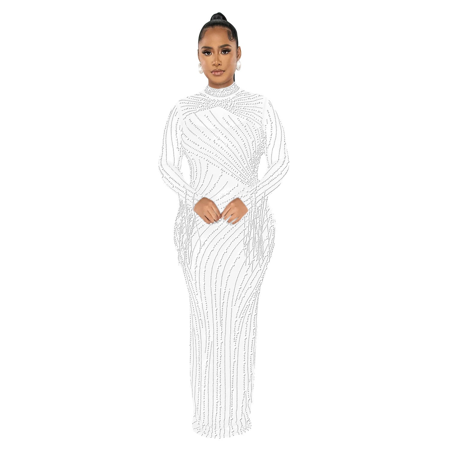 Women's Mesh Hot Drilling Long Sleeve Lining Two-piece Dress