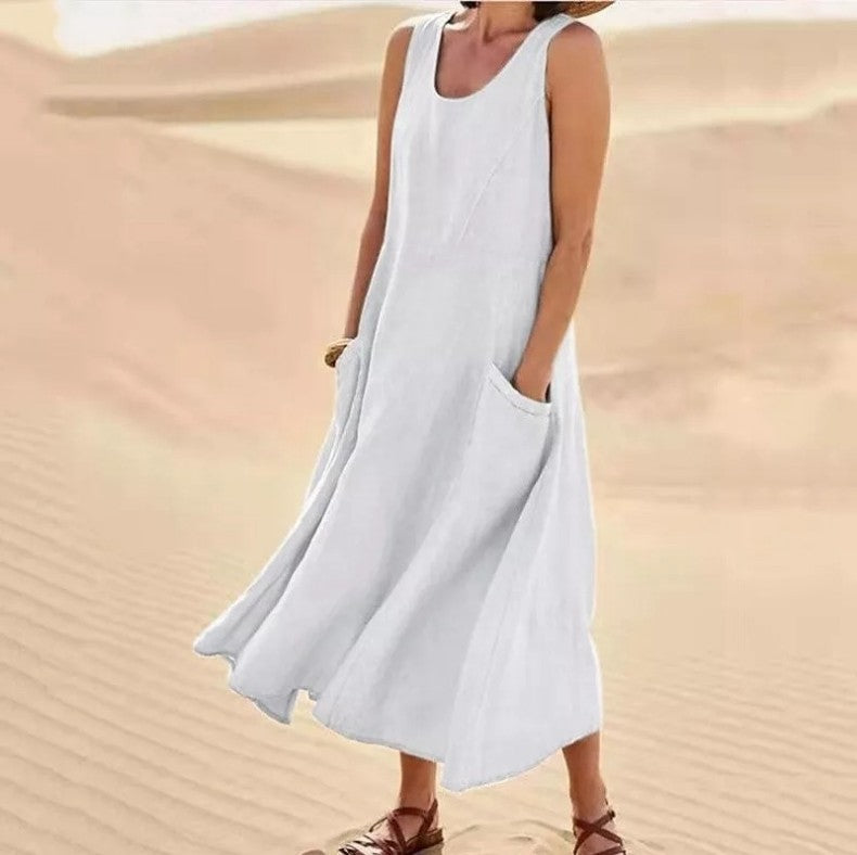 Women's Summer Retro Sleeveless Solid Color Cotton Linen Dress