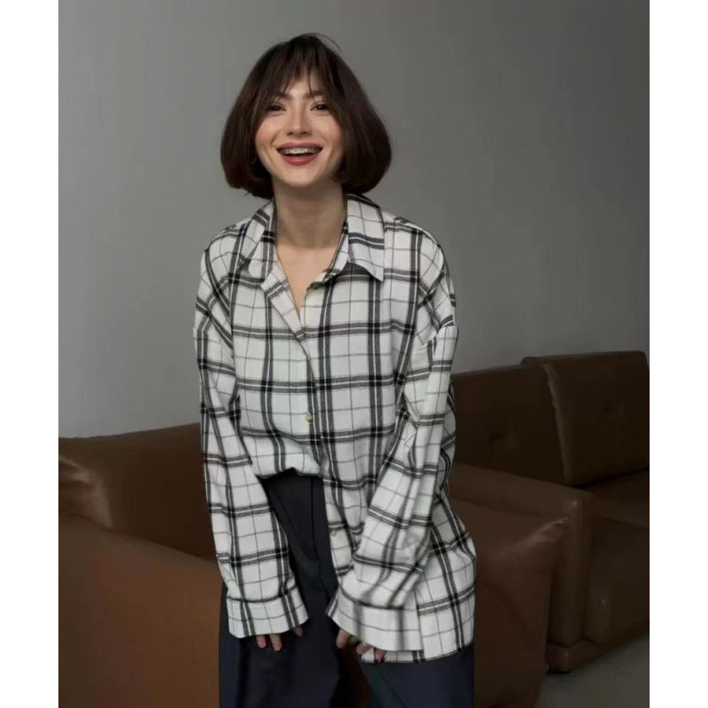 Women's Style Lapel Loose Shirt Autumn Plaid Long Blouse