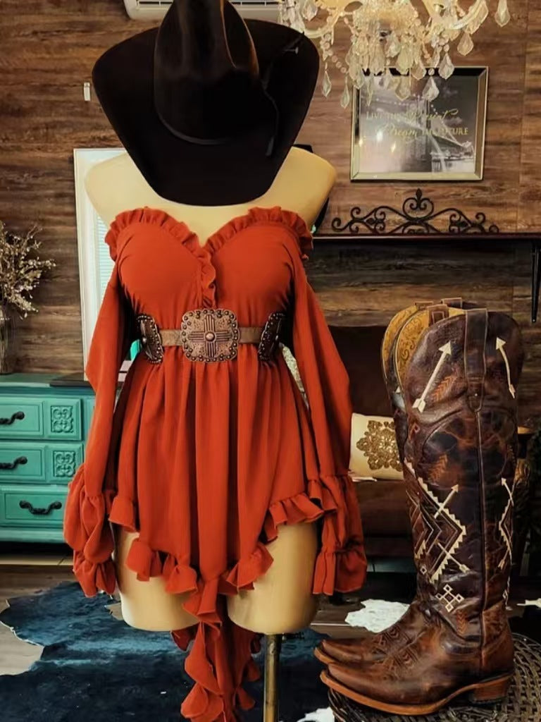 Women's Ruffled Floral Tassel Retro Western Style Solid Dress
