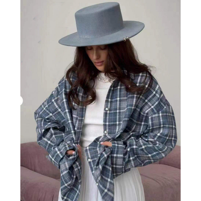 Women's Style Lapel Loose Shirt Autumn Plaid Long Blouse