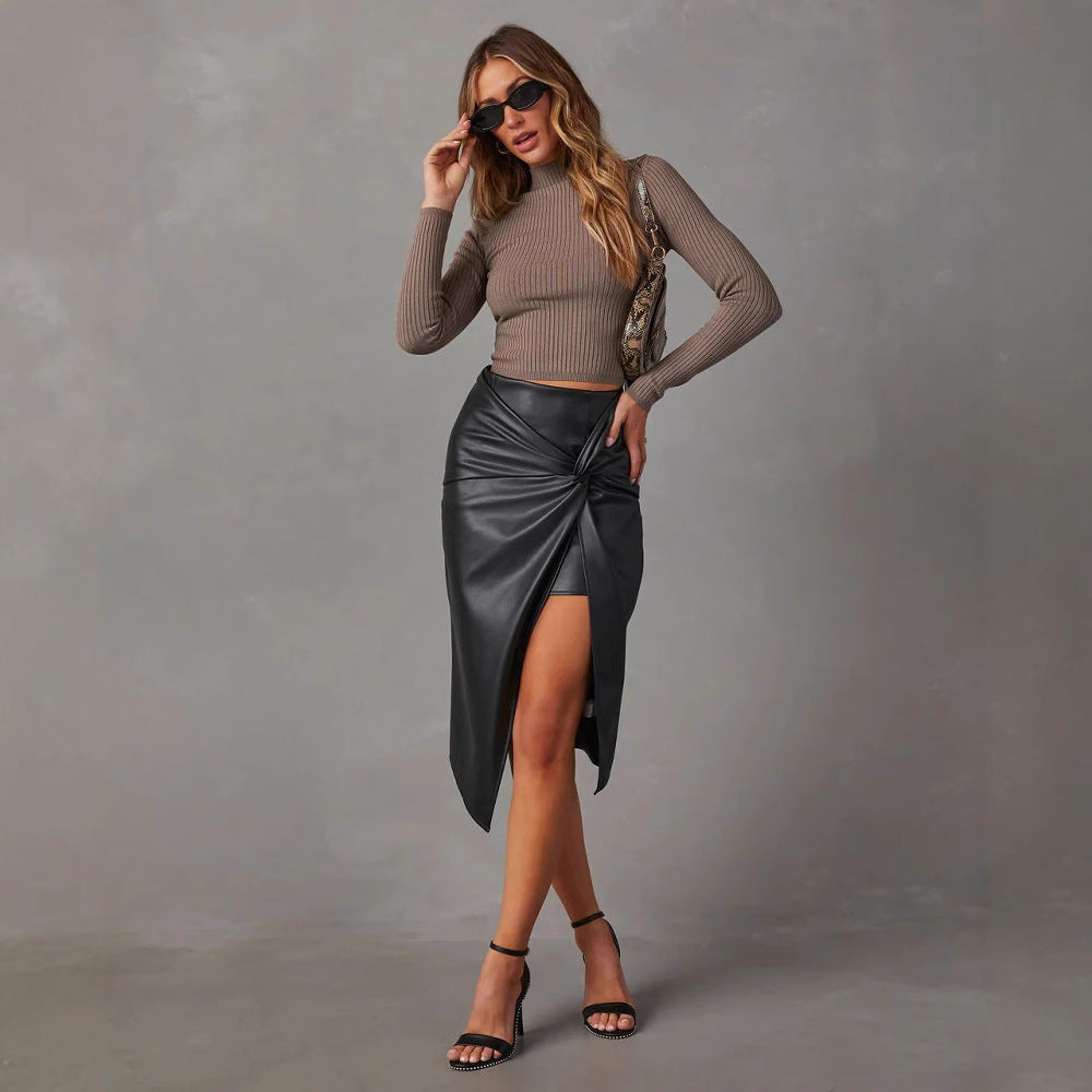 Women's Split Mid-length Sexy Hot Leather Hip Skirt