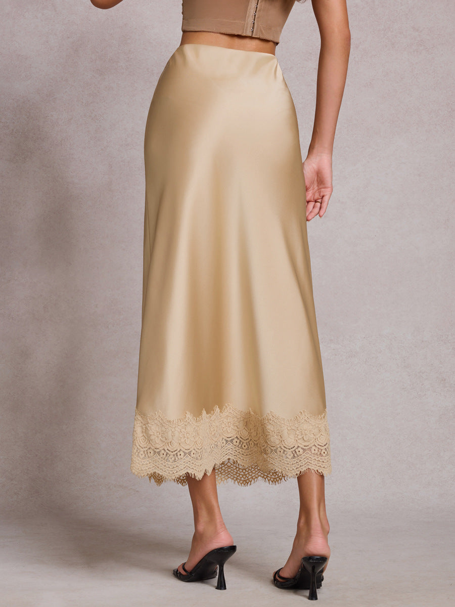 Women's Lace Satin High Waist Elastic Elegant Skirts