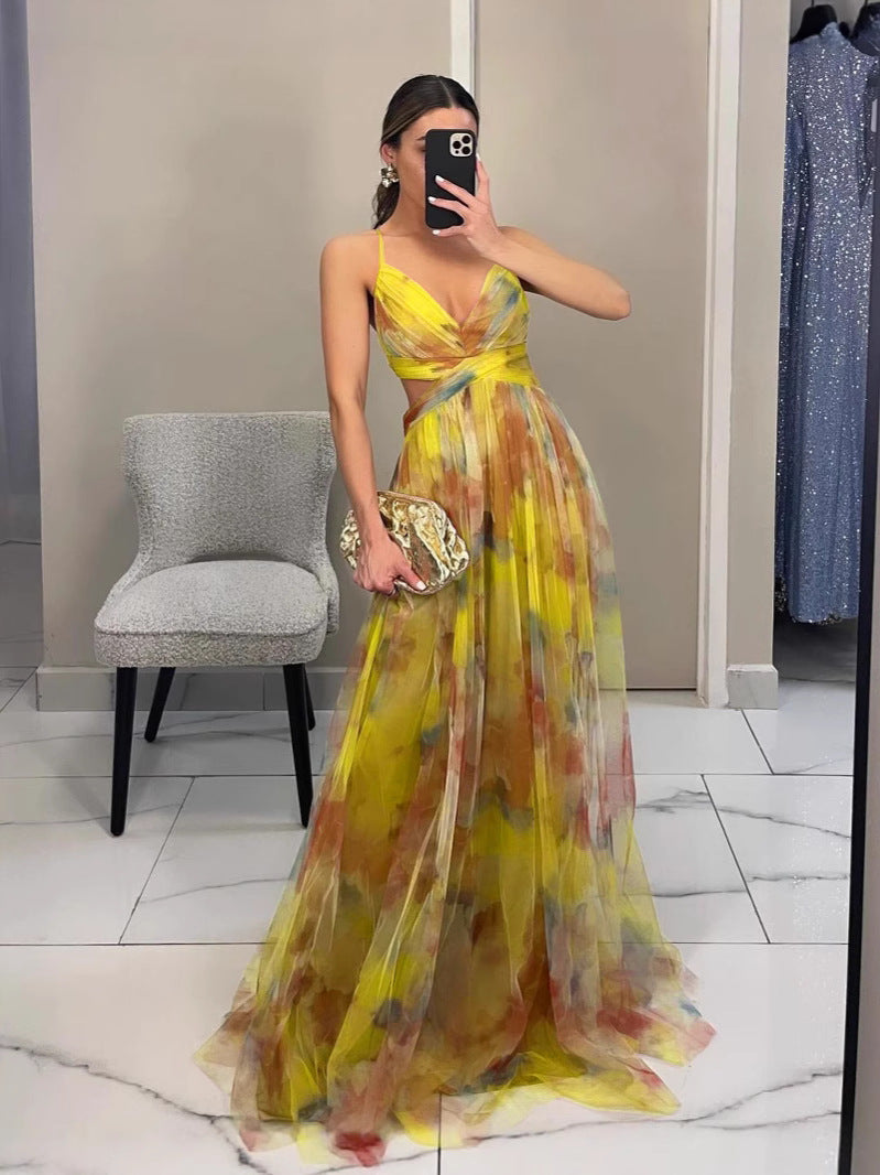 Mesh Printing Slip Vacation Leisure Party Dress