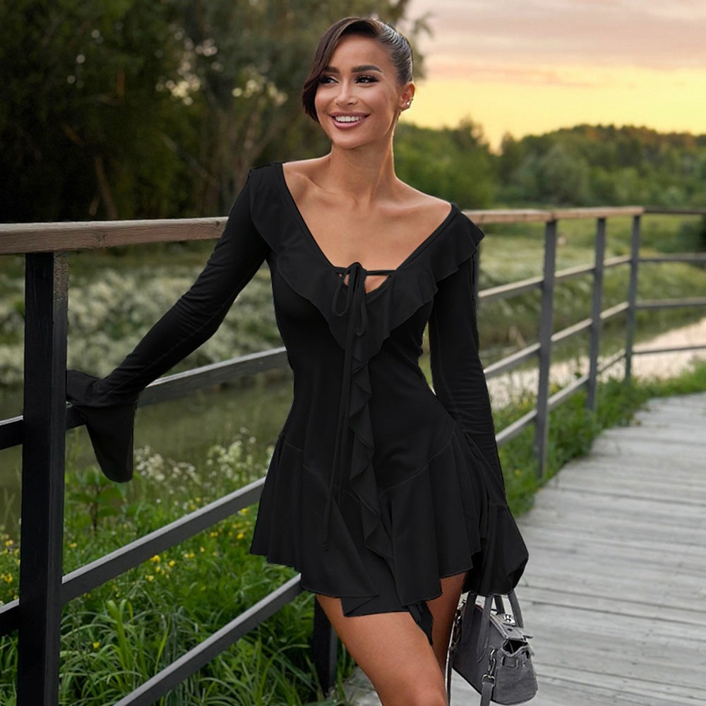 Women's Ruffled Pointed Collar Rope Flare Sleeve Dress