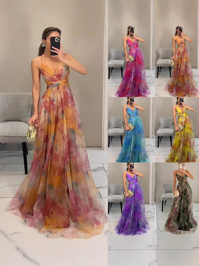Mesh Printing Slip Vacation Leisure Party Dress
