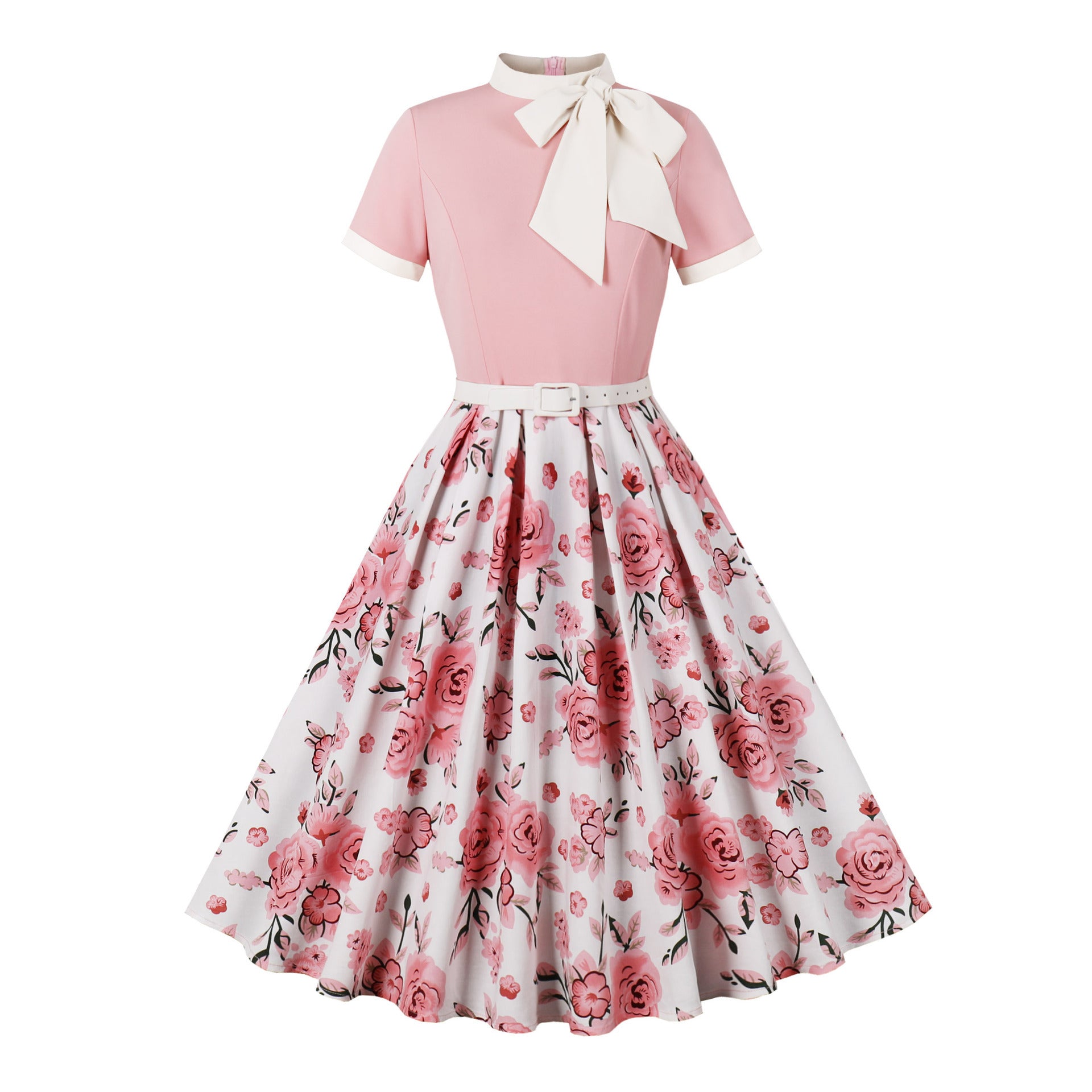 Women's Retro Hepburn Printed Floral Polka Dot Dress