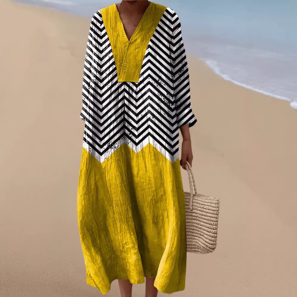 Women's Printed Fashion Popular Stitching Linen Dress