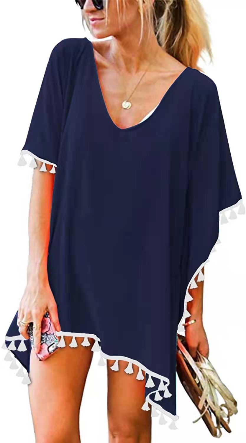Women's Round Neck Chiffon Tassel Large Loose Beach Dress