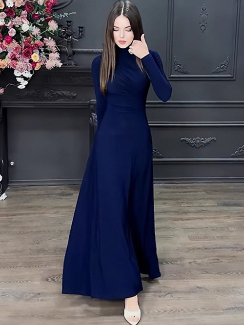 Autumn Solid Color Pleated Waist Tight Slimming Graceful Dress