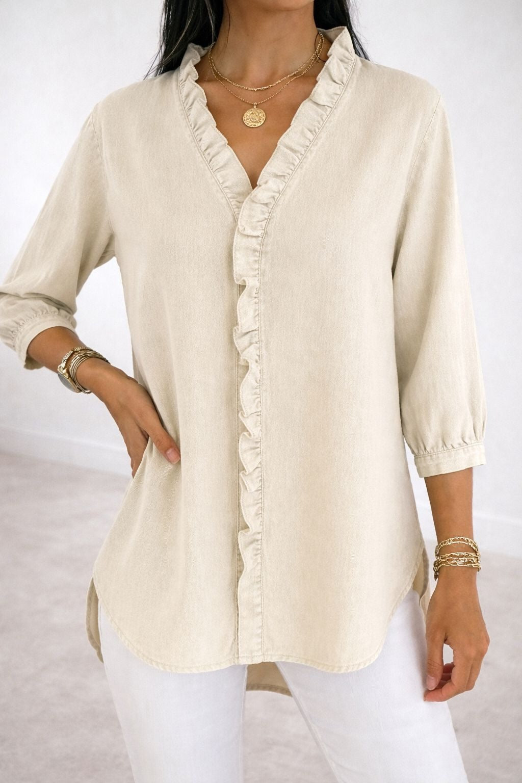 Women's Ruffled Casual Shirt Imitation Denim Ladies Blouse
