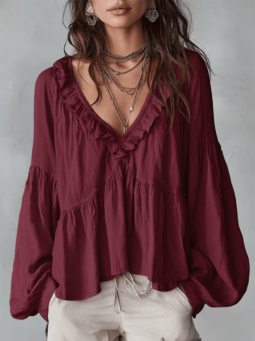 Casual Sweet Wooden Ear Puff Sleeve Pleated Blouse