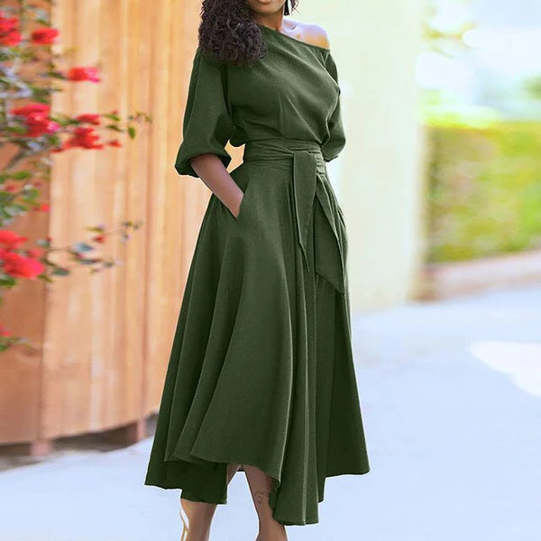 Oblique Shoulder Strap Elegant Solid Color Dress