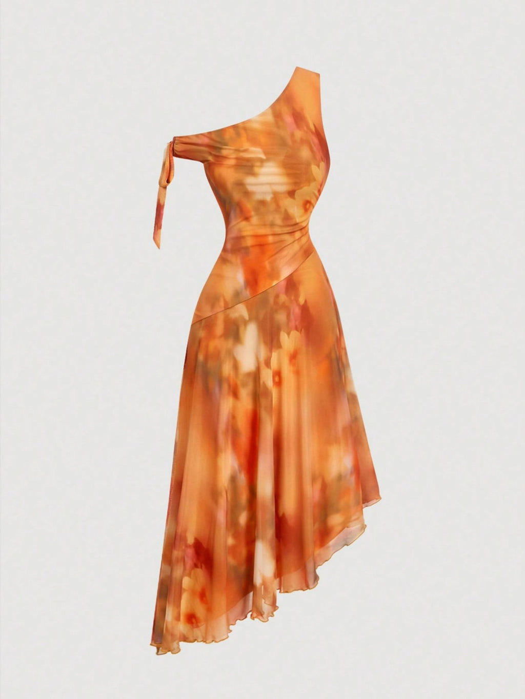 Summer Wear Elegant Asymmetric Shoulder Mesh Floral Print Dress
