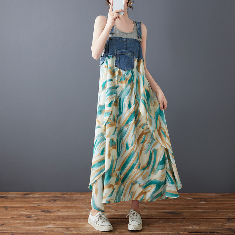 Color Loose Denim Stitching Floral Strap Dress