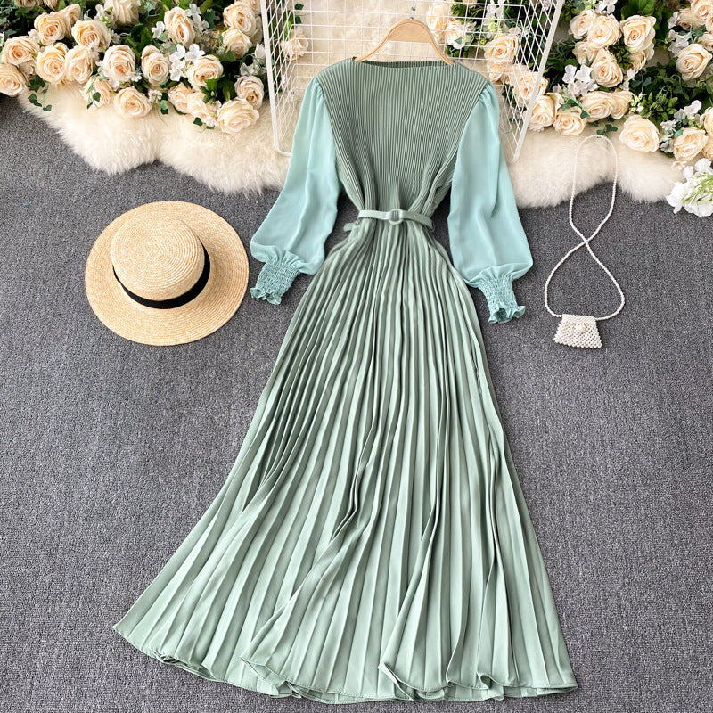 Women's Tight Waist Design Pleated Lightly Mature Dress