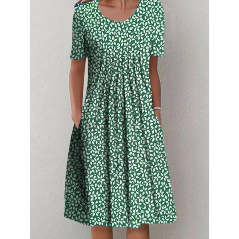 Women's Floral Print Round Neck Pocket Mid-length Clothing