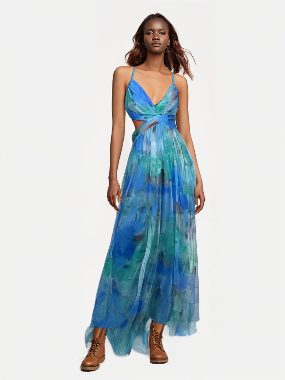 Popular Slouchy Mesh Printing Slip Vacation Dress